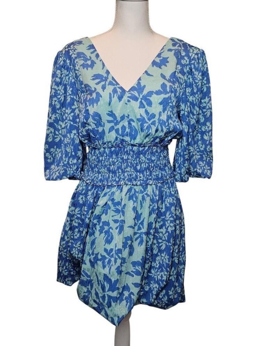 Taylor Blue Floral Border Smocked Waist Mini Dress Small